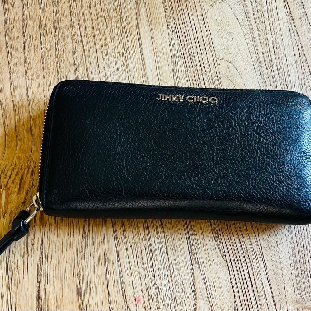JIMMY CHOO Logo Long Zipper Wallet Leather Black Auth gold-tone hardware
